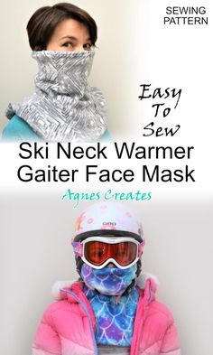 a woman wearing ski goggles and a scarf with the words easy to sew