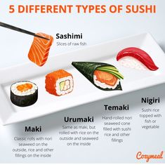 there are five different types of sushi on this plate