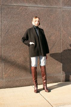 Over-the-knee boot in Italian vachetta leather. Padded leather footbed, an almond-shaped toe, and an internal zipper closure. 3.5-inch heel. 100% Leather. High Boots Style, Thigh High Boots Outfit, Boot Pants, Knee High Boots Dress, Loeffler Randall Shoes, High Boots Outfit, Leather Thigh High Boots, Lauren Manoogian, Fall Dress Outfit