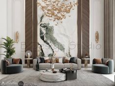 an elegant living room with marble walls and furniture in grey, gold and white colors