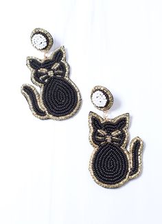 This cute cat earring is adorable! It is beaded with a gold trim, and the back is felt covered as well. What a great Halloween earring this is! Dimensions: 3" long Beaded Cat, Felt Earrings, Cat Earring, Felted Earrings, National Cat Day, Felt Cover, Halloween Earrings, Cat Earrings, Black Beads