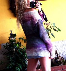 Hand Knitted Mohair Loose Fit Sweater, See Through Boho Punk Pullover with Extra Long Sleeves,  Smokey Grey and Purple  #gothsweater #punkmohairtop #rockpunk #purpleoutfit Purple Knitted Sweater For Fall, Purple Knitted Long Sleeve Sweater, Purple Bohemian Long Sleeve Sweater, Purple Long Sleeve Bohemian Sweater, Purple Chunky Knit Long Sleeve Sweater, Purple Knit Long Sleeve Sweater, Purple Long Sleeve Knit Sweater, Long Sleeve Purple Knit Sweater, Oversized Purple Knitted Sweater