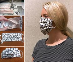 a woman wearing a face mask made out of duct tape and some sewing machine parts