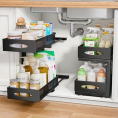 an organized cabinet in the kitchen with soaps, lotions and hand sanitizers