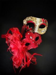 Couple's Venetian masquerade mask set in gold and red. Red Mask Masquerade, Red Masquerade, Couples Masquerade Masks, Masquerade Theme, Venetian Masquerade Masks, Red Mask, Venetian Masquerade, Female Mask, Elegant Couple