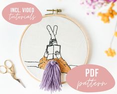 a hand embroidery project with text overlay that reads, incl video instructions