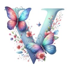 the letter v with butterflies and flowers on it's uppercase is painted in blue