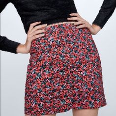 Zara Red And Black Floral Printed Draped Mini Skirt Nwot Size Xs Red, Black, Green Floral Rose Pattern Ruched / Draped Style Zara Floral Skirt Red Ruched Skirt For Night Out, Chic Red Floral Print Bottoms, Chic High-waist Floral Print Mini Skirt, Chic High Waist Floral Print Mini Skirt, Chic High-waist Floral Mini Skirt, Chic High Waist Floral Mini Skirt, Chic Floral Print Mini Skirt For Fall, Red Floral Print Bottoms For Fall, Red Floral Print Party Bottoms