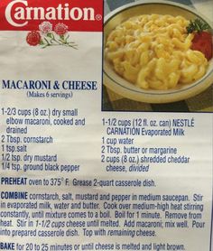 a close up of a menu for macaroni and cheese with instructions on it