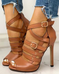 Buckled Heels, Stiletto Sandals, Brown Sandals, Peep Toe Heels, High Heel Pumps, On The Side, Heeled Sandals, Ankle Strap Sandals, Cute Shoes