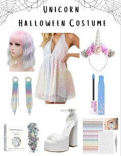 a costume with unicorn hair and accessories is shown in this graphic design for halloween costumes