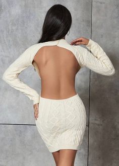 Solid Cable Knit Bodycon Sweater Dress – La Fraise Fashion White Bodycon Sweater Dress For Winter, Chic Cream Long Sleeve Sweater Dress, Chic Fitted Sweater In Winter White, Fitted Winter White Sweater, Fitted Elegant Winter White Sweater, Elegant Fitted Winter White Sweater, Winter Date Night Backless Dress, Winter Stretch Backless Mini Dress, Stretch Backless Mini Dress For Winter