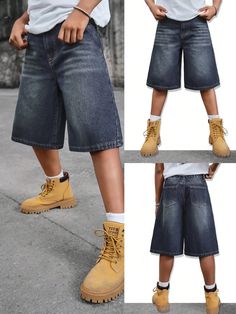 Tween Boy Casual Fashion Simple Base Blue Retro Denim Wide-Leg Boy Shorts For Dailywear Blue    Denim Plain Wide Leg Non-Stretch  Tween Boys Clothing, size features are:Bust: ,Length: ,Sleeve Length: Dark Wash Short Leg Denim Jeans, Boys Denim Shorts, Boys Denim, Shorts Casual, Short En Jean, Boys Casual, Wide Leg Denim, Boys Clothing, Boy Shorts