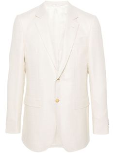 ivory white virgin wool-silk blend textured finish dart detailing notched lapels front button fastening long sleeves buttoned cuffs chest welt pocket two front flap pockets English rear vents straight hem full lining Cashmere Blazer, Gabriela Hearst, Dress Watch, Breasted Blazer, Custom Watch, Summer Beach Wear, Wool Suit, White Blazer, Espadrille Shoes