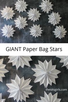 giant paper stars are shown in two different ways, one is white and the other is black