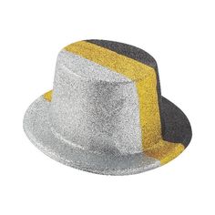 The right hat can complete a party outfit, especially when the hat’s a top hat! These fun top hats have black, silver and gold glitter stripes, making them perfect for a New Year’s Eve party, graduation party or school dance. Guests will love putting on these hats and taking photos or dancing the night away! Plastic. 23 1/2" circ. Glitter Top, Top Hats, School Dance, Toy Craft, New Years Eve Party, New Years Party, Wedding Supplies, Top Hat, Silver And Gold