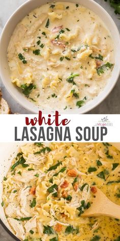 white lasagna soup with chicken and spinach in a bowl on the side