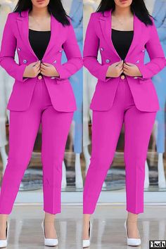 Fisdy - Womens Two-Piece Set: Casual Solid Cardigan and Pants with Turn-back Collar and Long Sleeves Work Suits For Women, Materials Gown Style, Business Clothes, Pant Suits For Women, Dress Suits For Men, Stylish Work Attire, African Fashion Women Clothing, Pantsuits For Women, Classy Dress Outfits