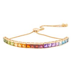 18 karat yellow gold multicolor 4MM square cut rainbow gemstones tennis pride bolo bracelet. The 18k gold rainbow gemstones tennis bolo bracelet perfectly combines luxury and versatility. This exquisite piece features a striking design with one half adorned with a vibrant array of rainbow gemstones, while the other half showcases an adjustable 18K gold chain, offering both style and comfort. The bracelet's gemstones, including Blue Topaz, Amethyst, Citrine, Rhodolite, Garnet and Peridot, are car Multicolor Tennis Bracelet, Bracelet Tennis, Bolo Bracelet, 18k Gold Chain, Rainbow Gemstones, The Other Half, Rhodolite Garnet, Square Cut, Tennis Bracelet