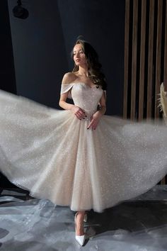 Midi length sparkly formal and wedding dress with thick straps ✨ #weeddingdress #formaldress #receptiondress #offrheshoulderdress Glitter Midi Dress, Midi Evening Dress, Olivia Bottega, Midi Wedding Dress, Evening Midi Dress, Ball Skirt, Light Ivory, Most Beautiful Dresses, Sleeve Wedding Dress