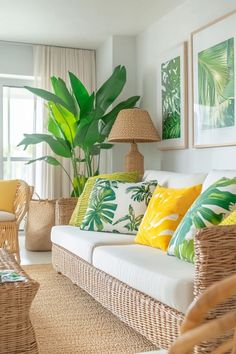 a living room with wicker furniture and plants