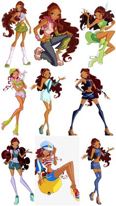 various cartoon girls with different hair styles and clothes, all dressed up in their own outfits