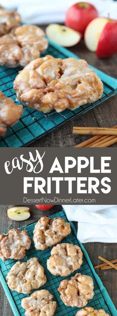 apple fritters on cooling racks with apples in the background and text overlay that reads easy apple fritters