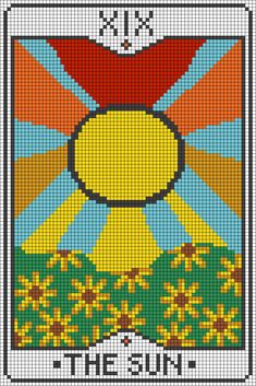 a cross stitch pattern with an image of the sun and clouds on it's side