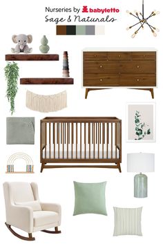 a baby's nursery room with furniture and accessories in shades of green, brown, white