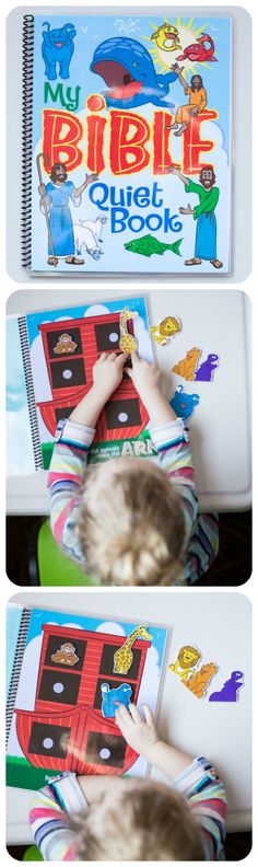 a child is reading a book with the title'my bible quiet book'on it