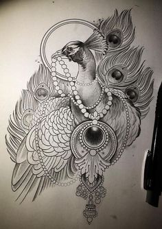 a drawing of a bird with feathers and beads on it's neck, sitting next to a pen