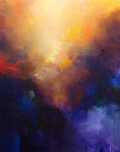 an abstract painting with blue, yellow and red colors in the sky above it is a large cloud