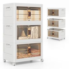 three white shelves with drawers on each side