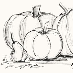 a pencil drawing of three pumpkins and one apple sitting on the ground next to each other