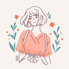 a drawing of a woman with short hair and an orange top, standing in front of flowers