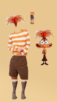 an orange and white striped shirt, brown shorts, and headpieces are shown