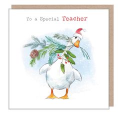 a christmas card with an image of a duck wearing a santa hat and holding a pine branch