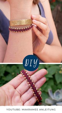 two pictures with the words diy on them and an image of a woman's hand holding a bracelet