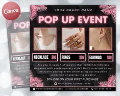 a flyer for a pop up event with pink and black details on the front cover