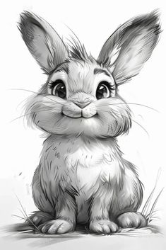 a black and white drawing of a rabbit sitting on the ground with its eyes wide open