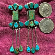 1940s VERY Early Zuni Blue Turquoise & Green ￼￼Chandelier Earrings Ingot Silver | eBay Traditional Turquoise Dangle Chandelier Earrings, Green Chandelier, Vintage Turquoise Jewelry, Men's Vintage Clothing, Green Chandeliers, Silver Ingot, Esquire Magazine, Zuni Jewelry, Silver Chandelier