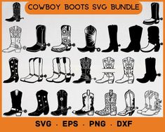 the cowboy boots svg bundle is shown in black and white