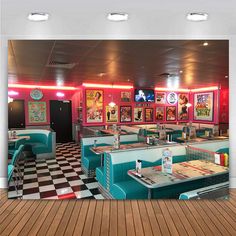 the interior of a diner with checkered flooring and neon lights on the ceiling