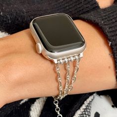 Hypoallergenic Sterling Silver Chain Fashion Luxury Bracelet For Apple Watch All Series 38mm 40mm 41mm 42mm 44mm 45mm With Silver Stainless Steel Attachments/Connectors Includes Sterling Silver Beads & Lobster Claw Clasp High Quality Adjustable Size Smartwatch Jewelry Delicate Feminine Style Replacement Accessory Designed & Handmade By Simeon D Jewelry Studio Please Measure Your Wrist As Pictured & Select Size Elegant Stylish Gift For Any Holiday Or Occasion Not For Other Models. Apple Watch Is Modern Silver Watch Extender, Trendy Silver Band Bracelet, Modern Silver Band Watch, Modern Silver Watches, Silver Metal Bracelet Strap Watch, Trendy Band Jewelry With Bracelet Strap, Trendy Jewelry Bracelet Band, Trendy Jewelry With Bracelet Strap, Trendy Band Bracelet Jewelry