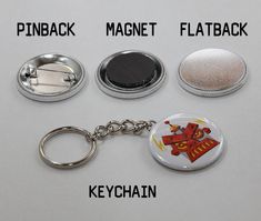 four different types of buttons and magnets on a white surface with the words pinback, magnet flatback, keychain