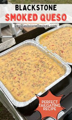 two pans filled with baked quesadillas sitting on top of an outdoor grill