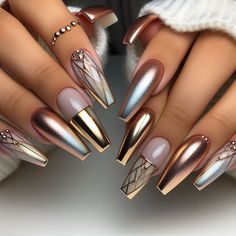 Fall Chrome Nail Colors Ideas, Copper Nails Acrylic, Nails Black Coffin, Coffin Nails Black, Coffin Nails Short, Classy Coffin Nails