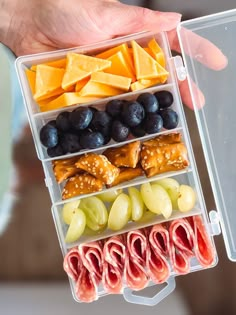 a person holding a plastic container filled with different types of food in it's hands