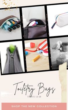 a collage of photos showing different items in the same bag, including pens and pencils