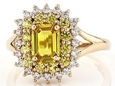 021635  1.00ct emerald cut and .46ctw round yellow sapphire with .36ctw round white zircon, 10k yellow gold ring. Measures approximately .51"L x .58"W. Yellow Emerald Cut Diamond Ring With Halo Setting, Yellow Diamond Ring With Emerald Cut Center Stone, Yellow Emerald Cut Diamond Ring, 10k Gold Ring, Yellow Gemstones, Broken Chain, Pearl Strands, Emerald Gemstone, Yellow Gold Ring